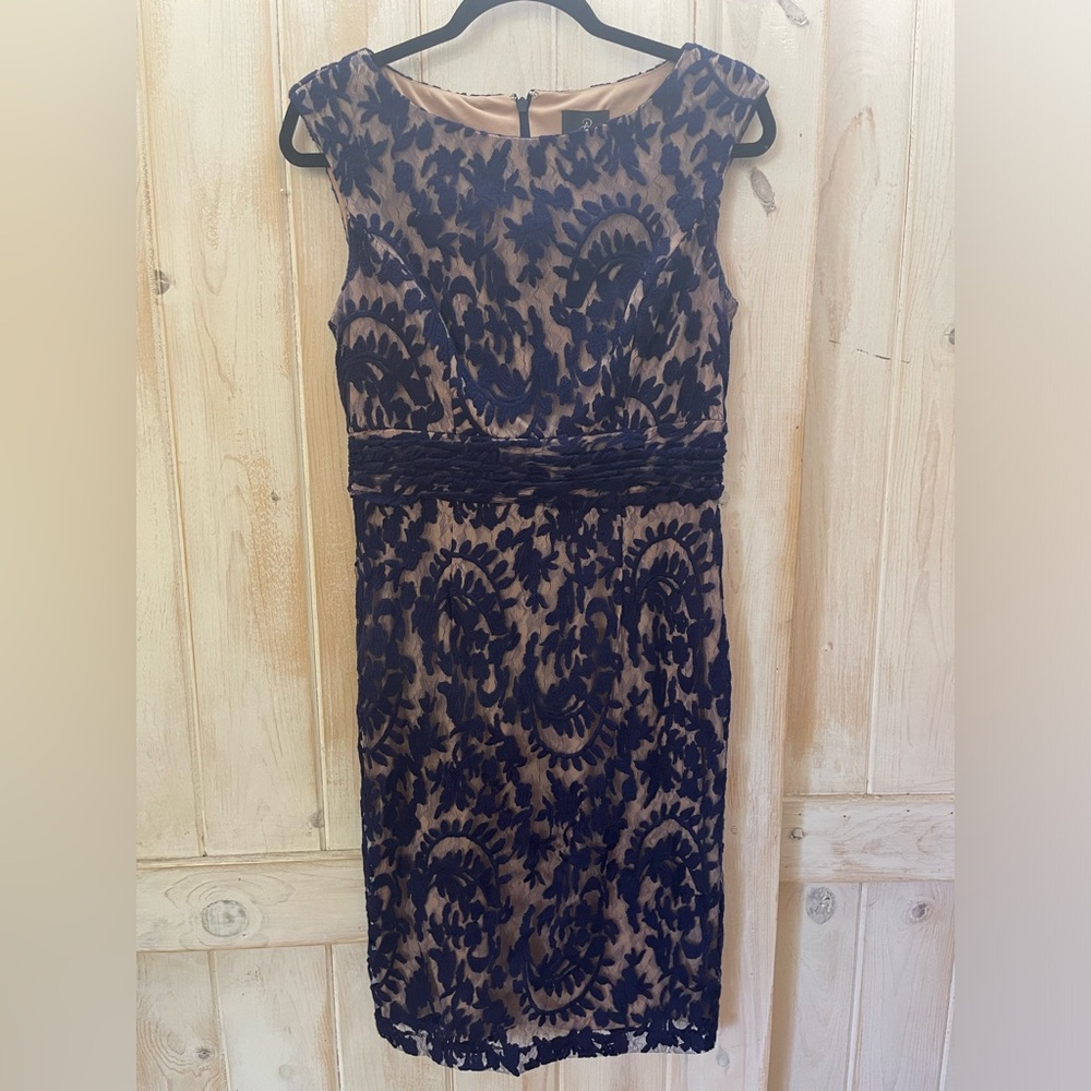 Adrianna Papell Navy Nude Lace Dress Size 8